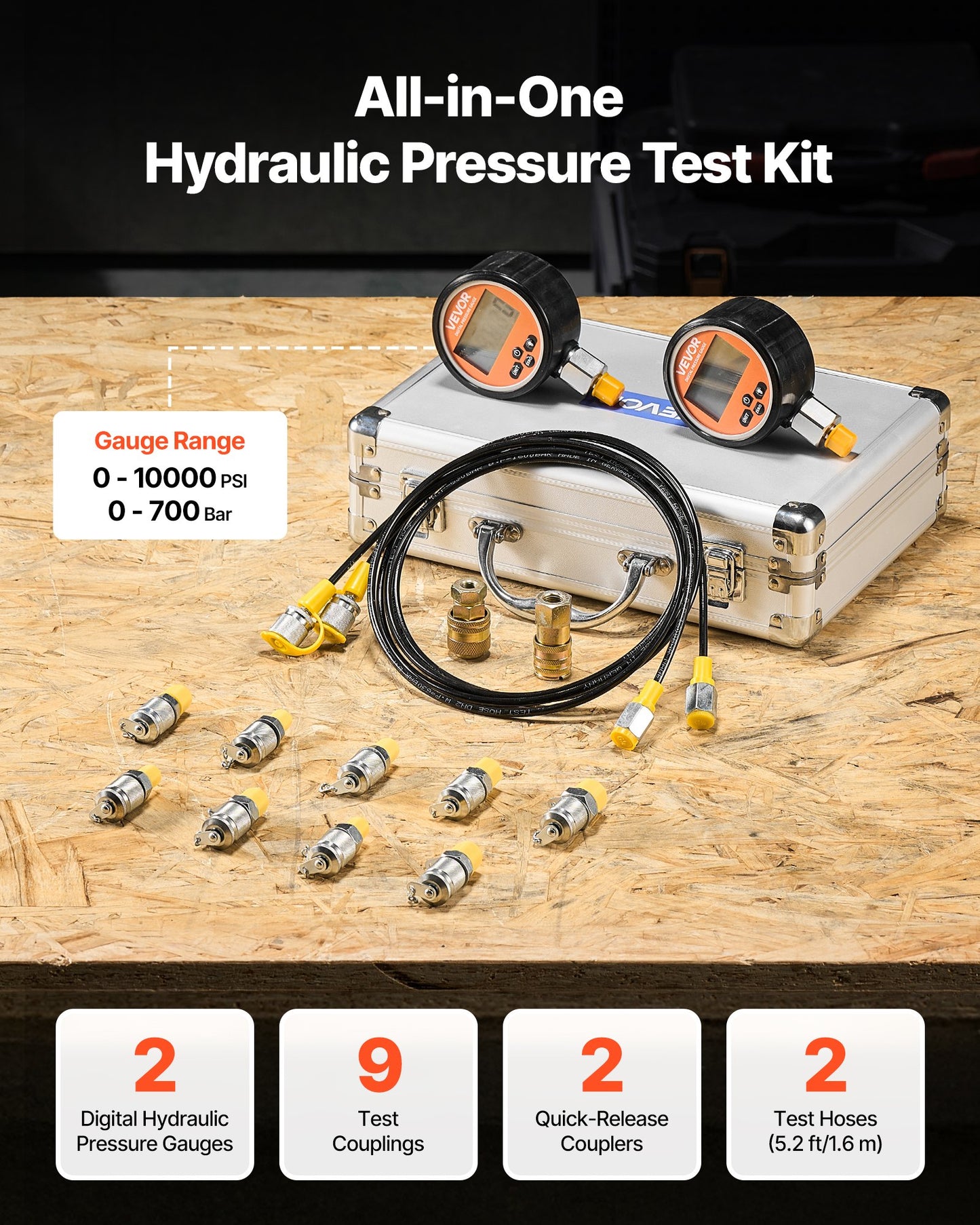 Digital Hydraulic Pressure Test Coupling Kit, 700 Bar Pressure Gauge Manometer Tester with 2 Gauges, 9 Test Couplings, 2 Quick-Release Couplers, 2 Hoses for Excavator Construction Machinery