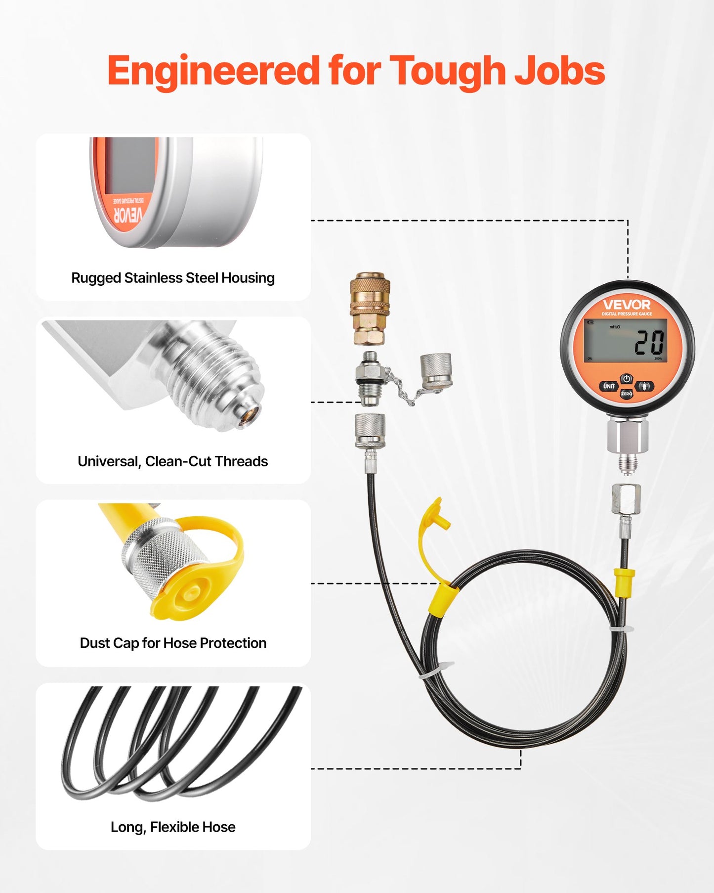 Digital Hydraulic Pressure Test Coupling Kit, 700 Bar Pressure Gauge Manometer Tester with 2 Gauges, 9 Test Couplings, 2 Quick-Release Couplers, 2 Hoses for Excavator Construction Machinery