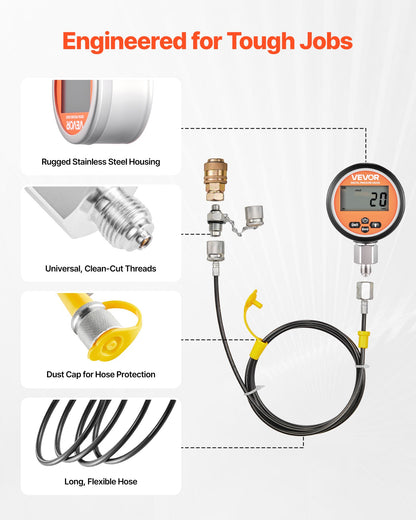 Digital Hydraulic Pressure Test Coupling Kit, 700 Bar Pressure Gauge Manometer Tester with 2 Gauges, 9 Test Couplings, 2 Quick-Release Couplers, 2 Hoses for Excavator Construction Machinery