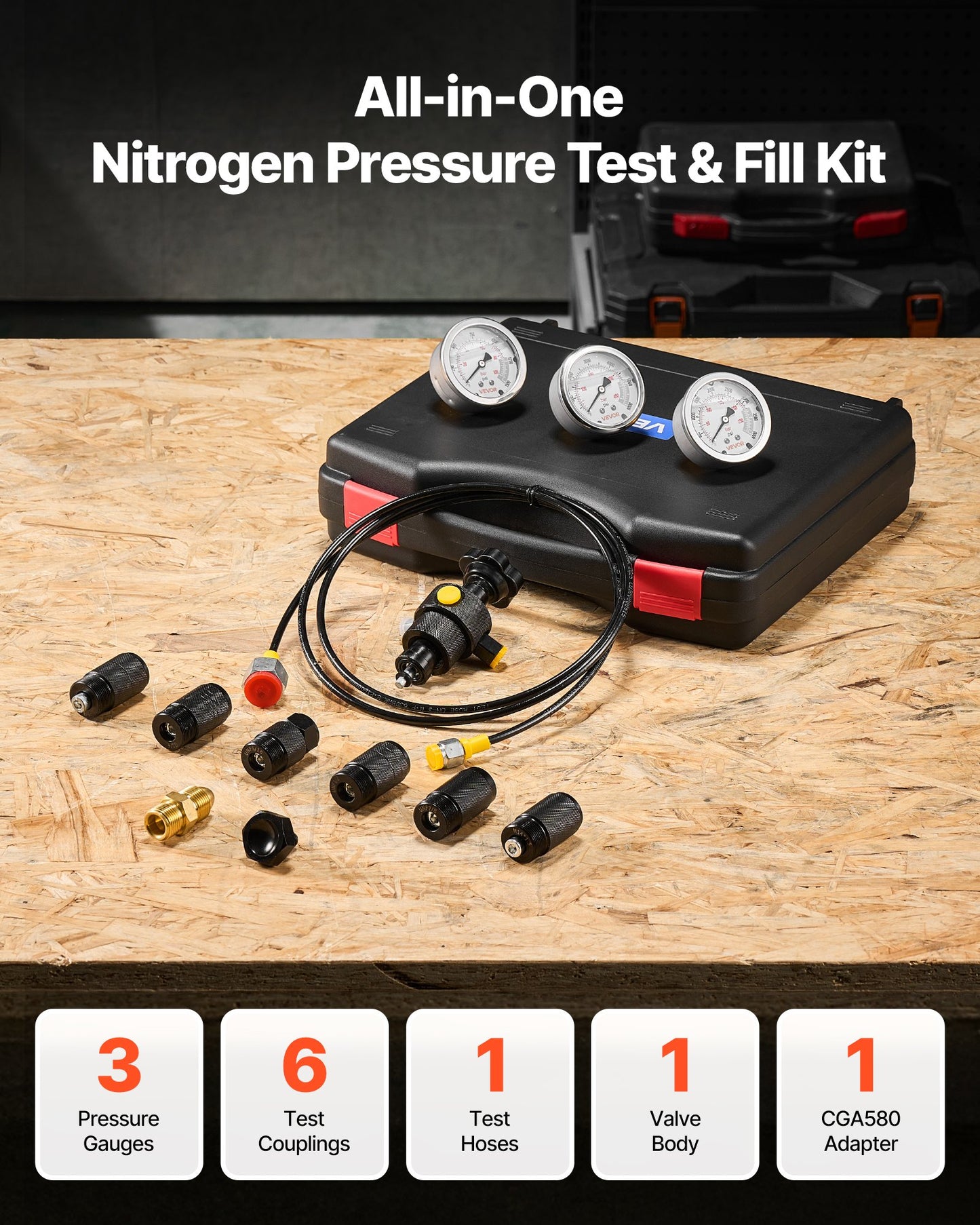 Hydraulic Nitrogen Accumulator Charging Kit, All-in-One Nitrogen Fill Kit, Pressure Test System with 3 Gauges (100, 250, 400 Bar), 6 Adapters Couplings, 1 Gas Hose, 1 Valve, 1 CGA580 Adapter