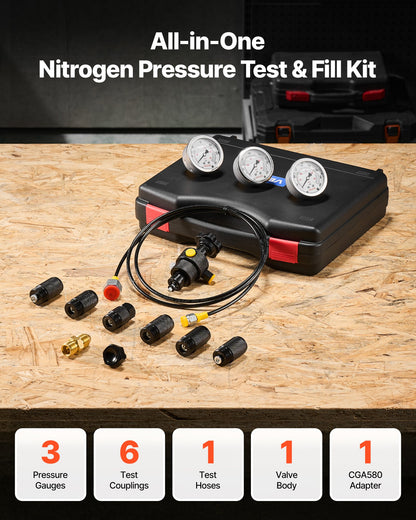 Hydraulic Nitrogen Accumulator Charging Kit, All-in-One Nitrogen Fill Kit, Pressure Test System with 3 Gauges (100, 250, 400 Bar), 6 Adapters Couplings, 1 Gas Hose, 1 Valve, 1 CGA580 Adapter