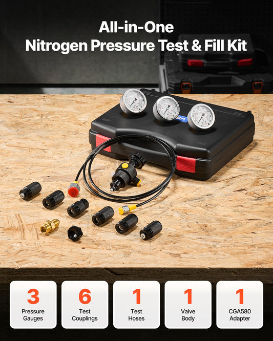 Hydraulic Nitrogen Accumulator Charging Kit, All-in-One Nitrogen Fill Kit, Pressure Test System with 3 Gauges (100, 250, 400 Bar), 6 Adapters Couplings, 1 Gas Hose, 1 Valve, 1 CGA580 Adapter