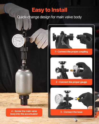 Hydraulic Nitrogen Accumulator Charging Kit, All-in-One Nitrogen Fill Kit, Pressure Test System with 3 Gauges (100, 250, 400 Bar), 6 Adapters Couplings, 1 Gas Hose, 1 Valve, 1 CGA580 Adapter