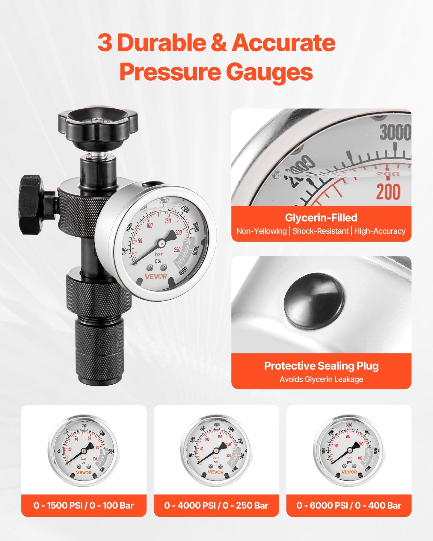 Hydraulic Nitrogen Accumulator Charging Kit, All-in-One Nitrogen Fill Kit, Pressure Test System with 3 Gauges (100, 250, 400 Bar), 6 Adapters Couplings, 1 Gas Hose, 1 Valve, 1 CGA580 Adapter