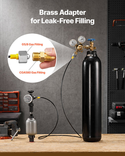 Hydraulic Nitrogen Accumulator Charging Kit, All-in-One Nitrogen Fill Kit, Pressure Test System with 3 Gauges (100, 250, 400 Bar), 6 Adapters Couplings, 1 Gas Hose, 1 Valve, 1 CGA580 Adapter