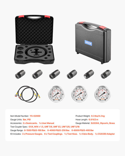 Hydraulic Nitrogen Accumulator Charging Kit, All-in-One Nitrogen Fill Kit, Pressure Test System with 3 Gauges (100, 250, 400 Bar), 6 Adapters Couplings, 1 Gas Hose, 1 Valve, 1 CGA580 Adapter