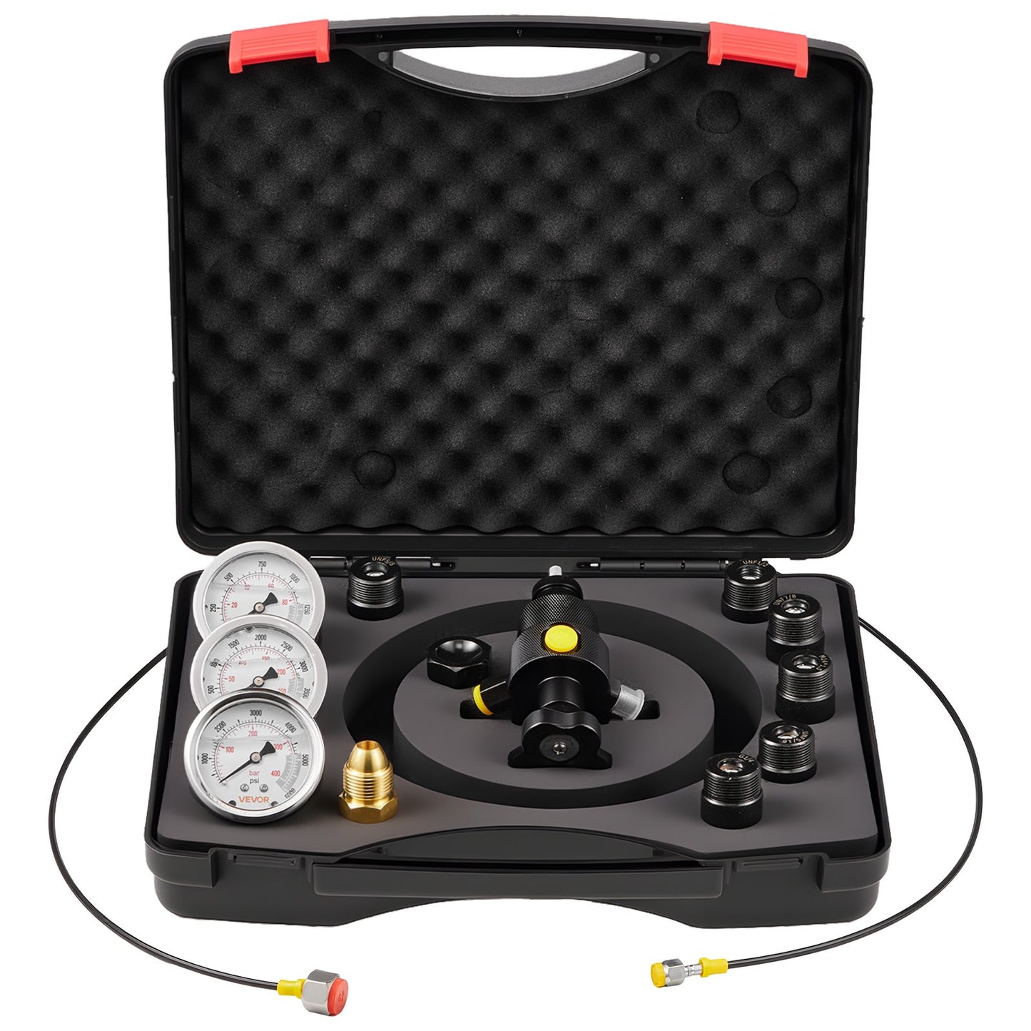 Hydraulic Nitrogen Accumulator Charging Kit, All-in-One Nitrogen Fill Kit, Pressure Test System with 3 Gauges (100, 250, 400 Bar), 6 Adapters Couplings, 1 Gas Hose, 1 Valve, 1 CGA580 Adapter