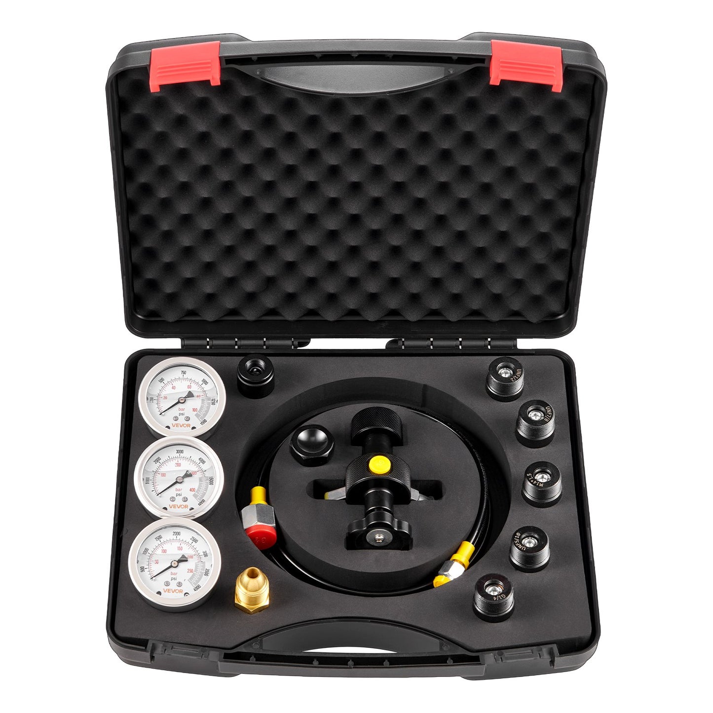 Hydraulic Nitrogen Accumulator Charging Kit, All-in-One Nitrogen Fill Kit, Pressure Test System with 3 Gauges (100, 250, 400 Bar), 6 Adapters Couplings, 1 Gas Hose, 1 Valve, 1 CGA580 Adapter