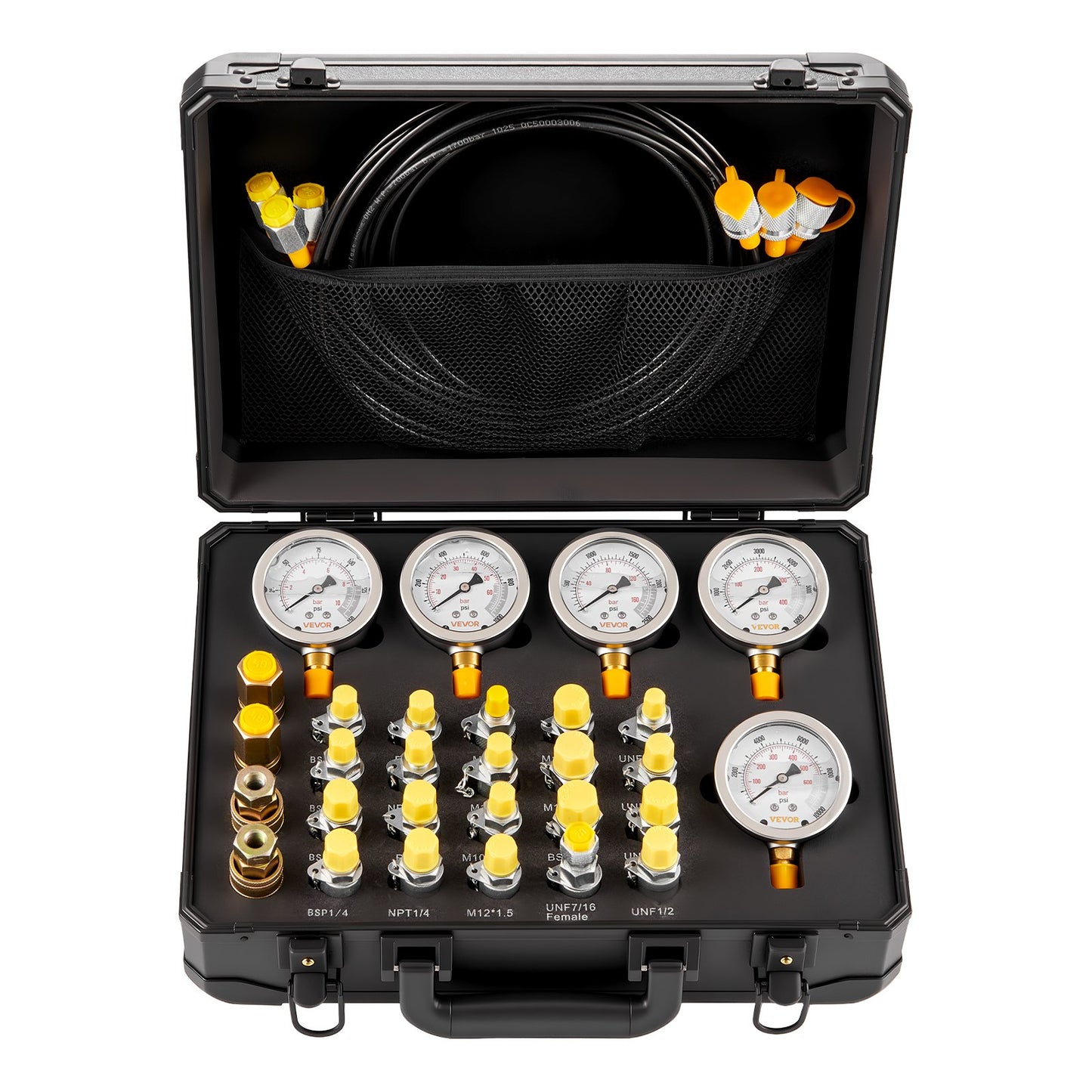 Hydraulic Pressure Test Kit, 10/60/160/400/600 Bar (150/900/2300/6000/9000 PSI), Hydraulic Gauge Kit 5 Gauges 20 Couplings 4 Quick-Release Couplers 3 Hoses for Excavator Construction Machinery