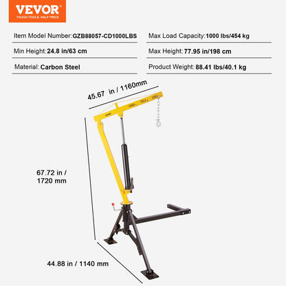VEVOR Hydraulic Pickup Truck Crane, 1000 lbs Capacity, 360° Swivel, Hitch Mounted