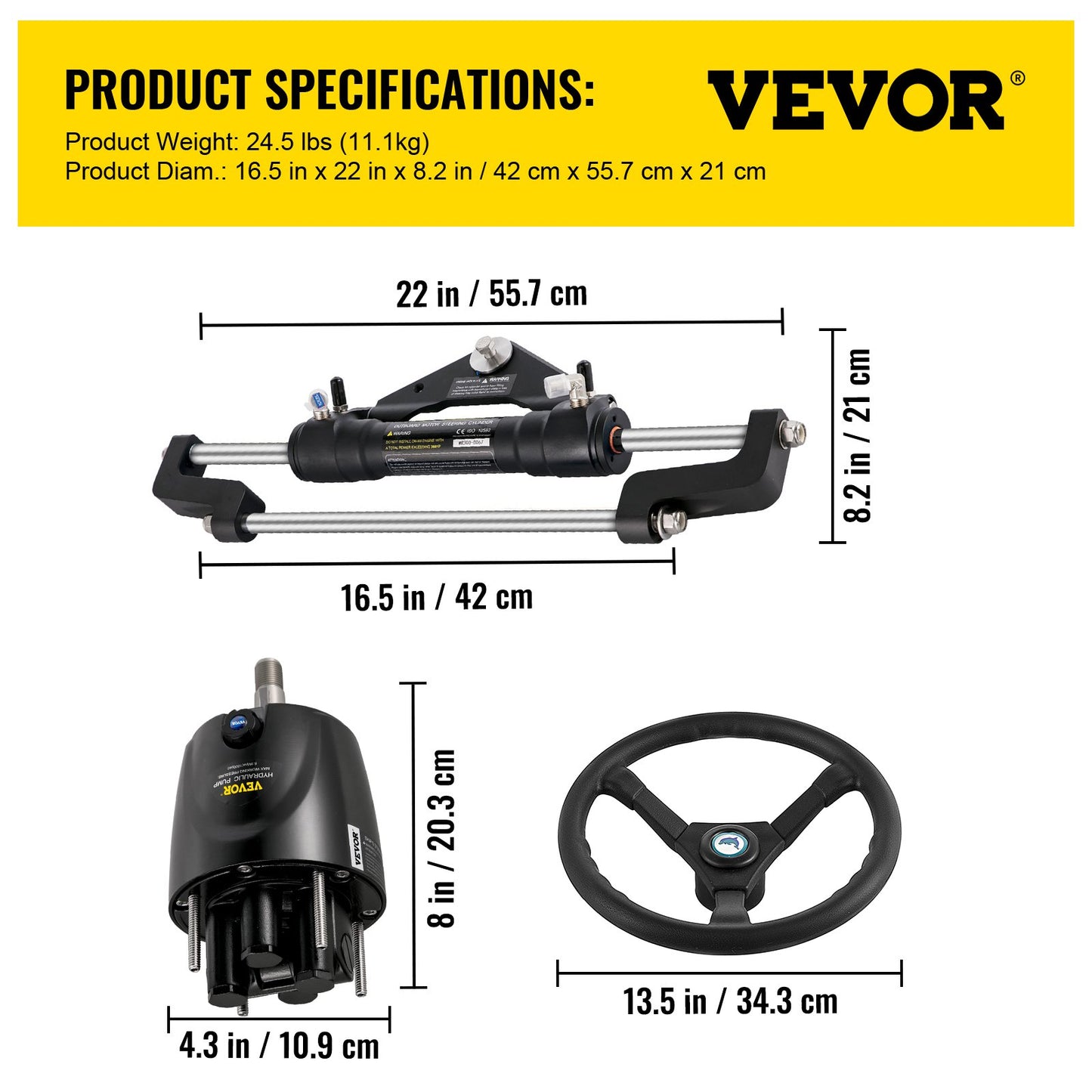 Hydraulic Boat Steering Kit Hydraulic Steering, 300HP Helm Pump, Cylinder, Wheel