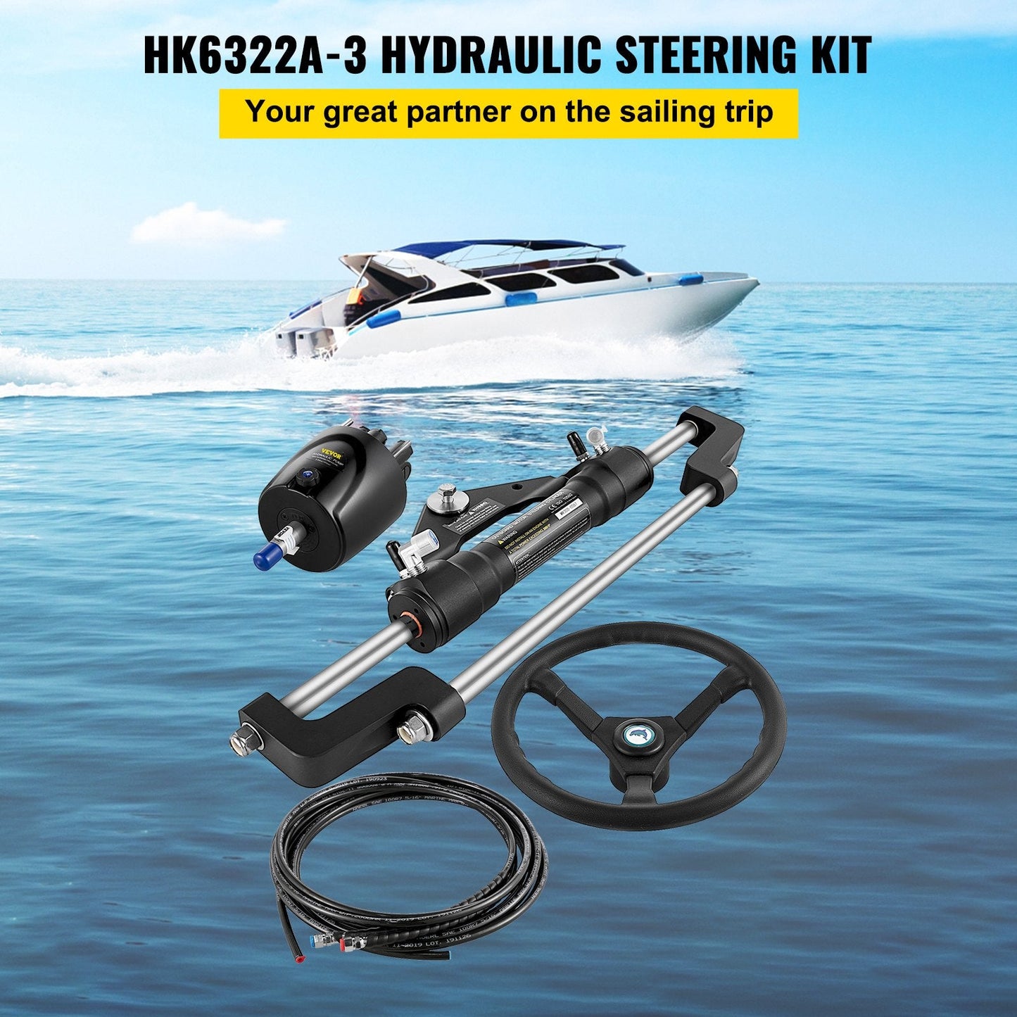 Hydraulic Boat Steering Kit 300HP with 6.7m Hose and 13.5m Steering Wheel