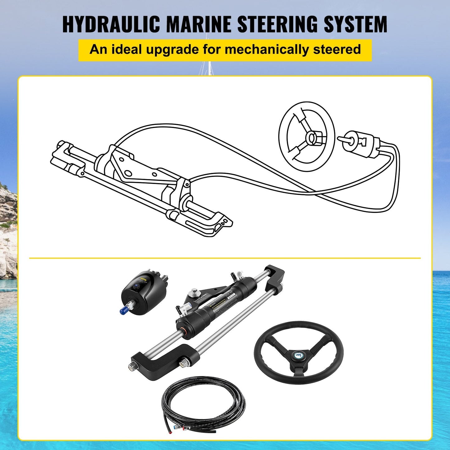 Hydraulic Boat Steering Kit 300HP with 6.7m Hose and 13.5m Steering Wheel