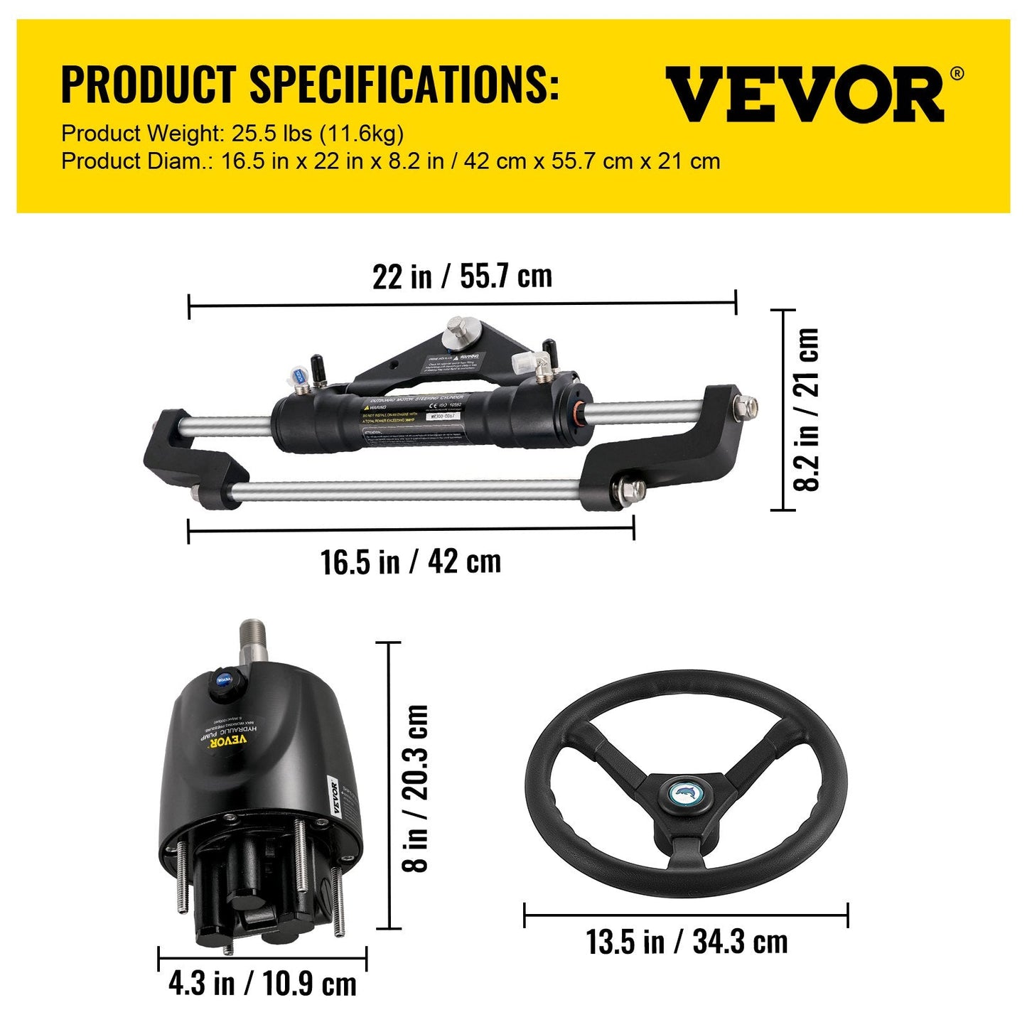 Hydraulic Boat Steering Kit 300HP with 6.7m Hose and 13.5m Steering Wheel