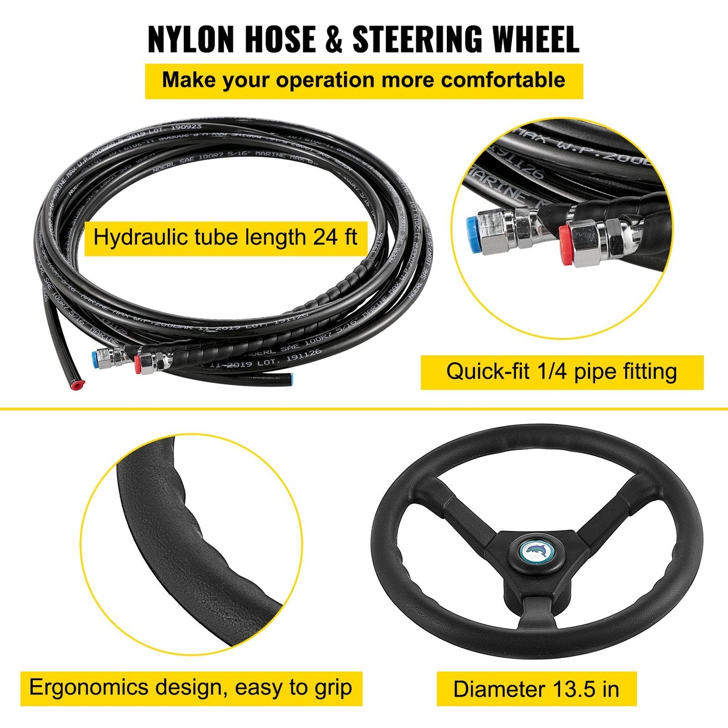 Hydraulic Boat Steering System, 300HP, 4.12m Hose, Corrosion-Resistant Kit
