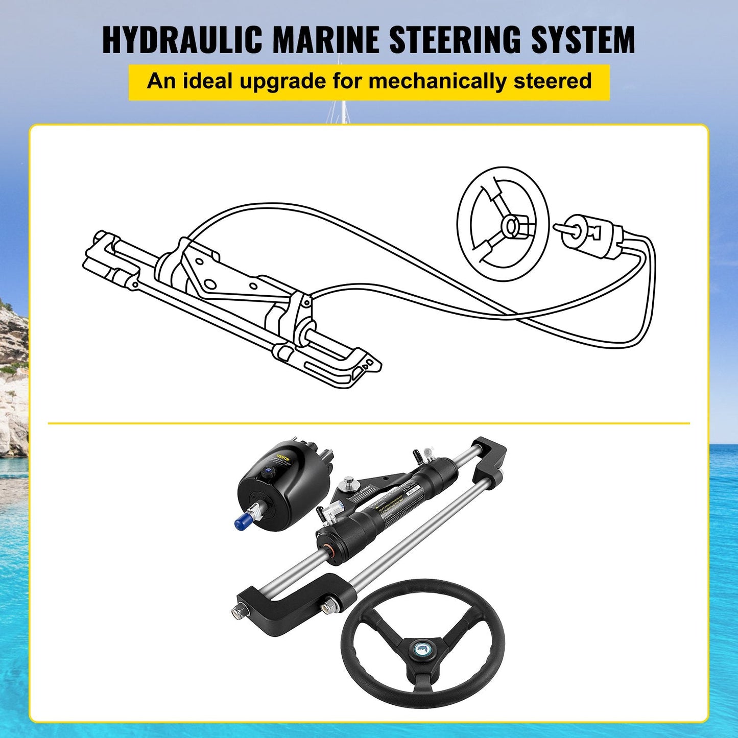 Hydraulic Boat Steering Kit 300HP, 0.34m Wheel, Aluminum Alloy System