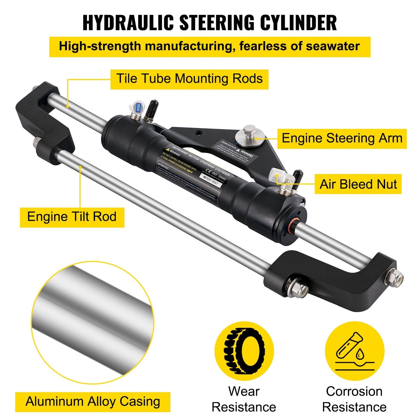 Hydraulic Boat Steering Kit 300HP, 0.34m Wheel, Aluminum Alloy System