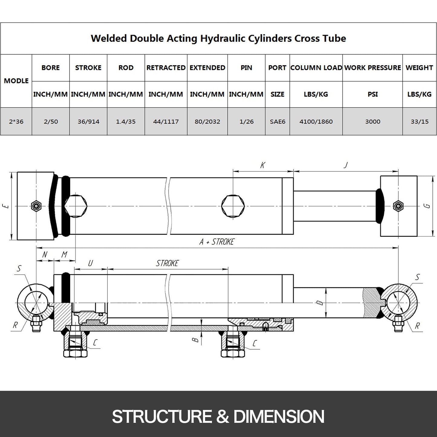 VEVOR Hydraulic Cylinder 2\" Bore 36\" Stroke Hydraulic Ram Cylinder 3000psi Hydraulic