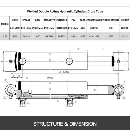 VEVOR Hydraulic Cylinder 2\" Bore 36\" Stroke Hydraulic Ram Cylinder 3000psi Hydraulic