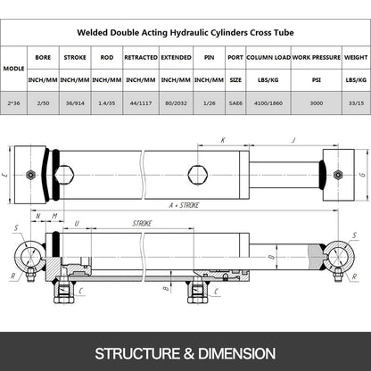Hydraulic Cylinder 50mm Bore 914mm Stroke 3500 PSI 15kg Load Capacity