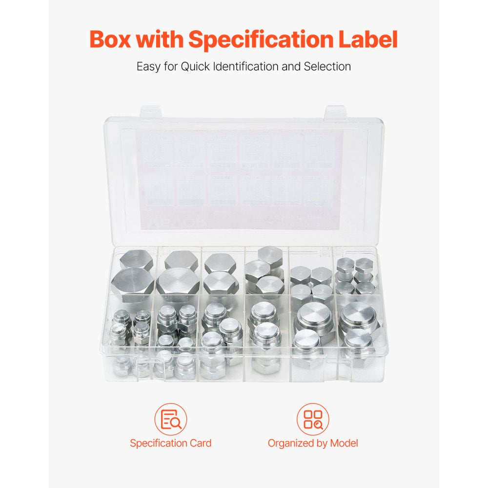 64 PCS BSPP Hydraulic Fitting Galvanized Cap & Plug Assortment Adapter Kit