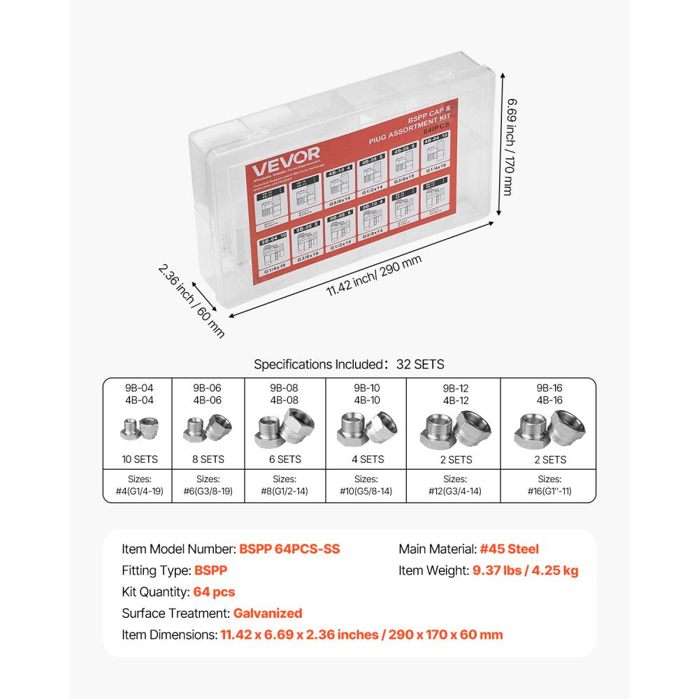 64 PCS BSPP Hydraulic Fitting Galvanized Cap & Plug Assortment Adapter Kit