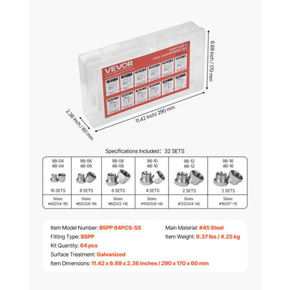 64 PCS BSPP Hydraulic Fitting Galvanized Cap & Plug Assortment Adapter Kit