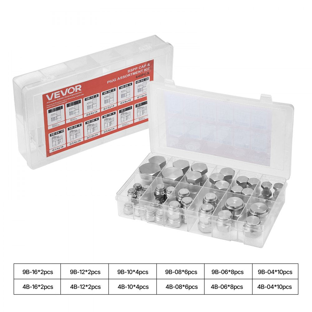 64 PCS BSPP Hydraulic Fitting Galvanized Cap & Plug Assortment Adapter Kit
