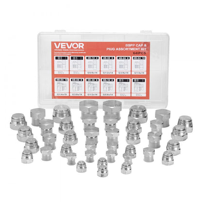64 PCS BSPP Hydraulic Fitting Galvanized Cap & Plug Assortment Adapter Kit