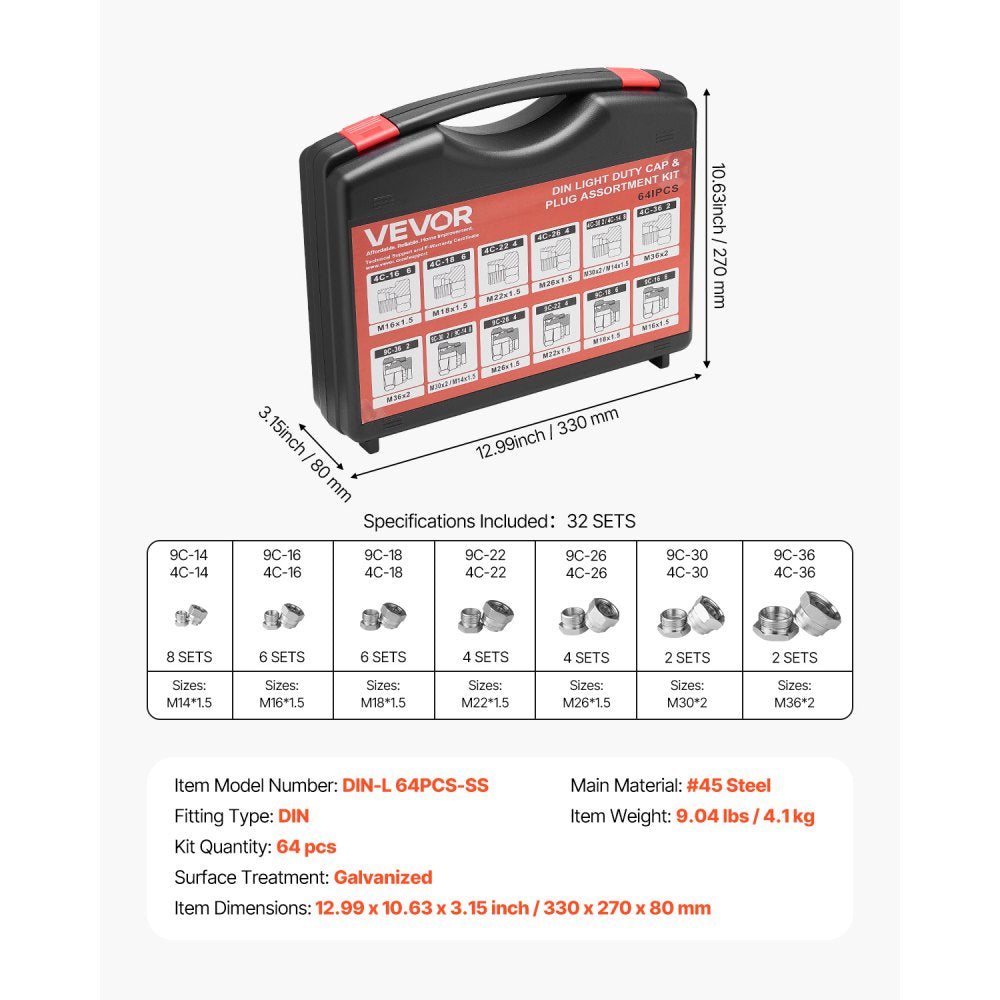 64 PCS DIN Hydraulic Fitting Galvanized Cap & Plug Assortment Adapter Kit