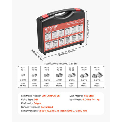 64 PCS DIN Hydraulic Fitting Galvanized Cap & Plug Assortment Adapter Kit
