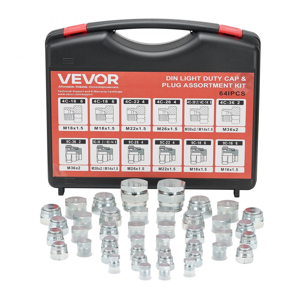 64 PCS DIN Hydraulic Fitting Galvanized Cap & Plug Assortment Adapter Kit