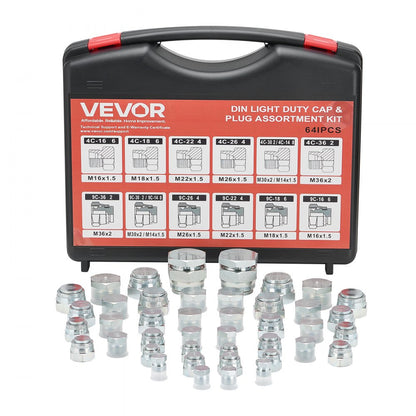 64 PCS DIN Hydraulic Fitting Galvanized Cap & Plug Assortment Adapter Kit