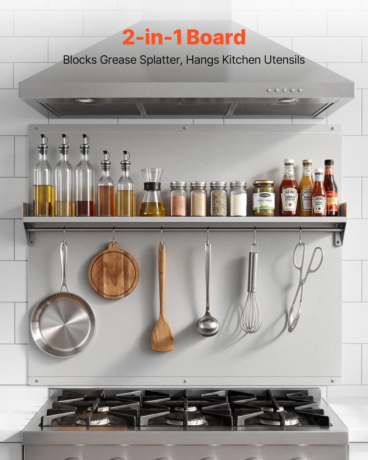 91x76 cm Stainless Steel Backsplash for Stove, Ultra Flat Splatter Guard with Storage Shelf & Hanging Rack, Wall Shield Range Hood Panel, Easy Clean, Pre-Drilled Holes for Easy Installation