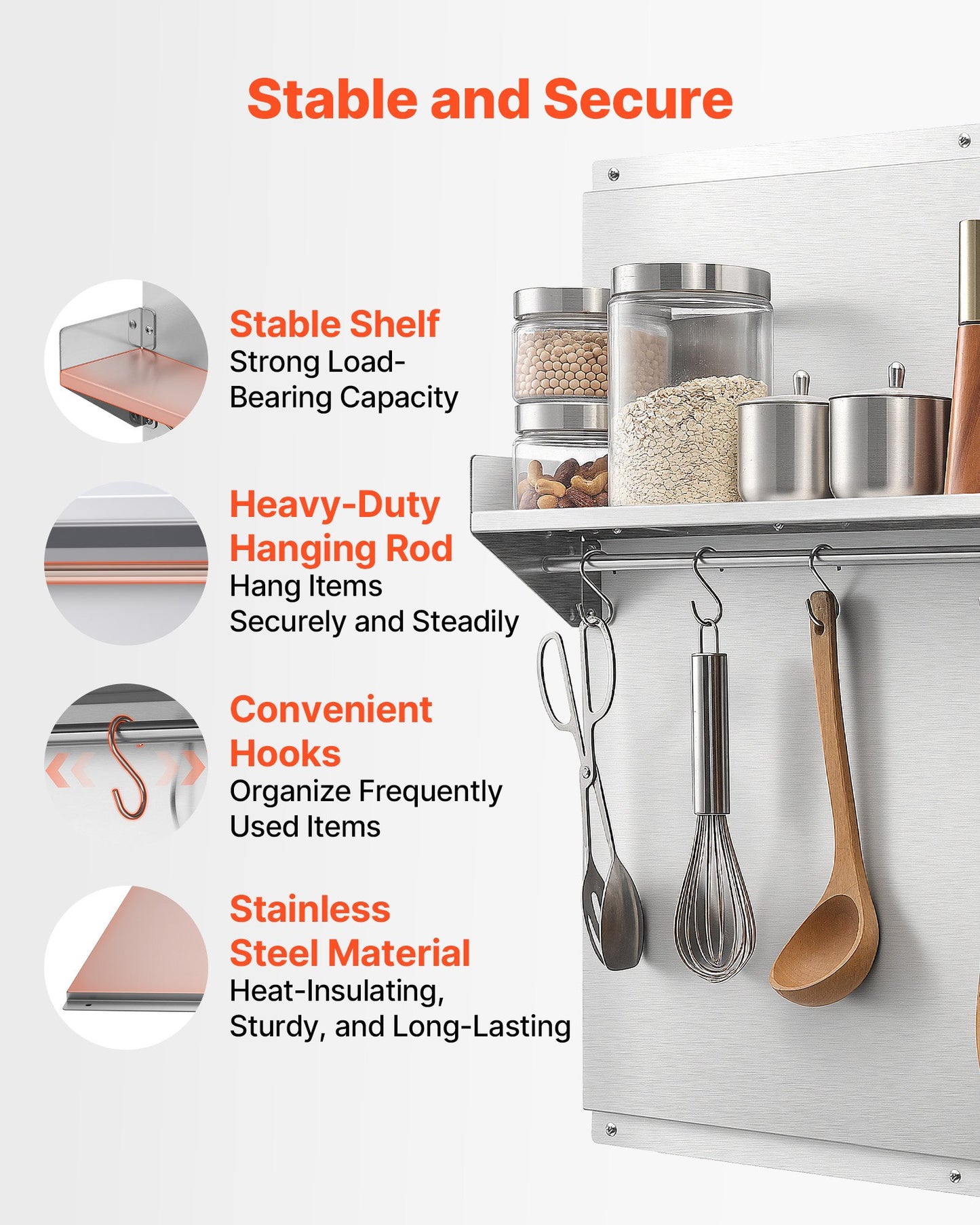91x76 cm Stainless Steel Backsplash for Stove, Ultra Flat Splatter Guard with Storage Shelf & Hanging Rack, Wall Shield Range Hood Panel, Easy Clean, Pre-Drilled Holes for Easy Installation