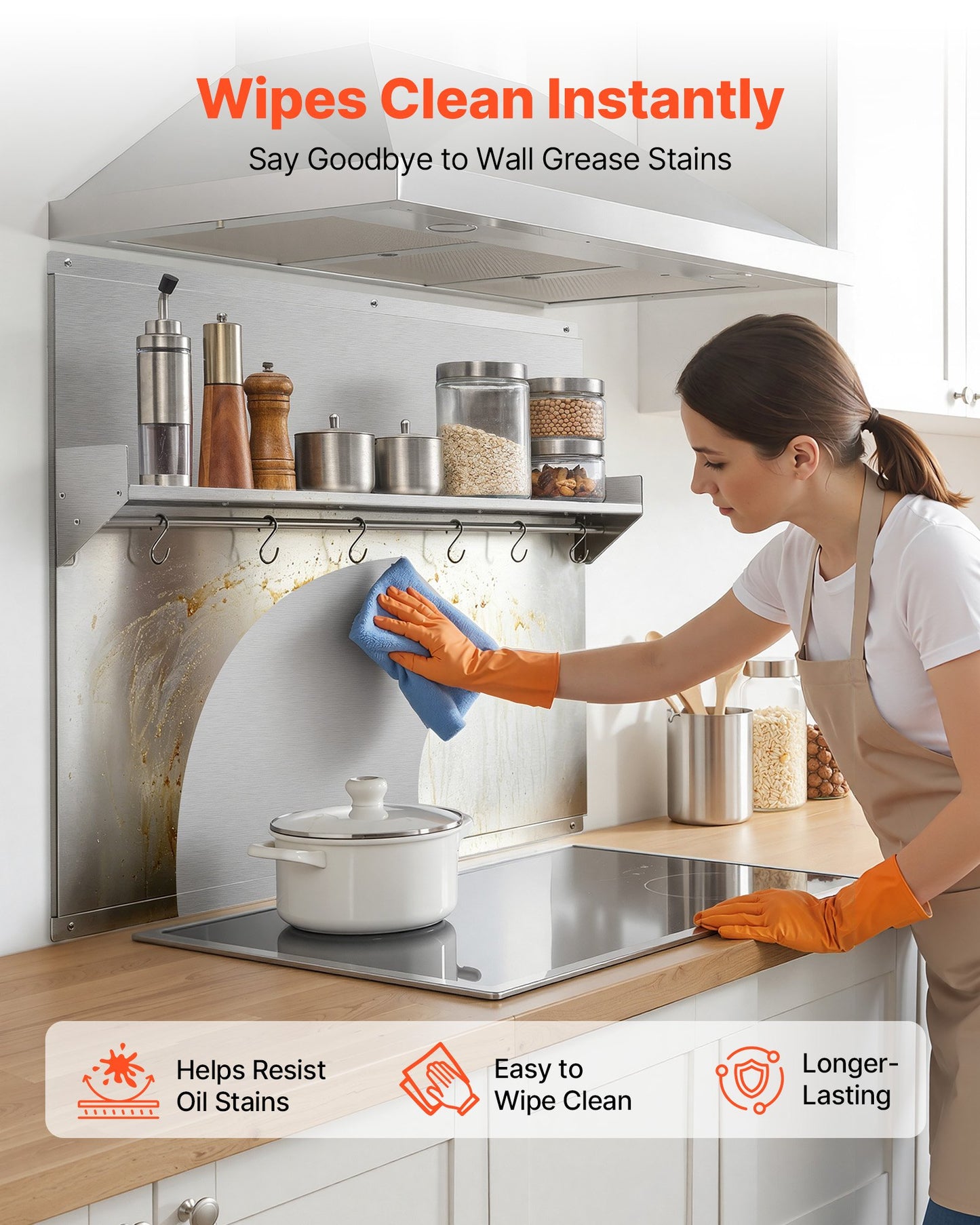 91x76 cm Stainless Steel Backsplash for Stove, Ultra Flat Splatter Guard with Storage Shelf & Hanging Rack, Wall Shield Range Hood Panel, Easy Clean, Pre-Drilled Holes for Easy Installation