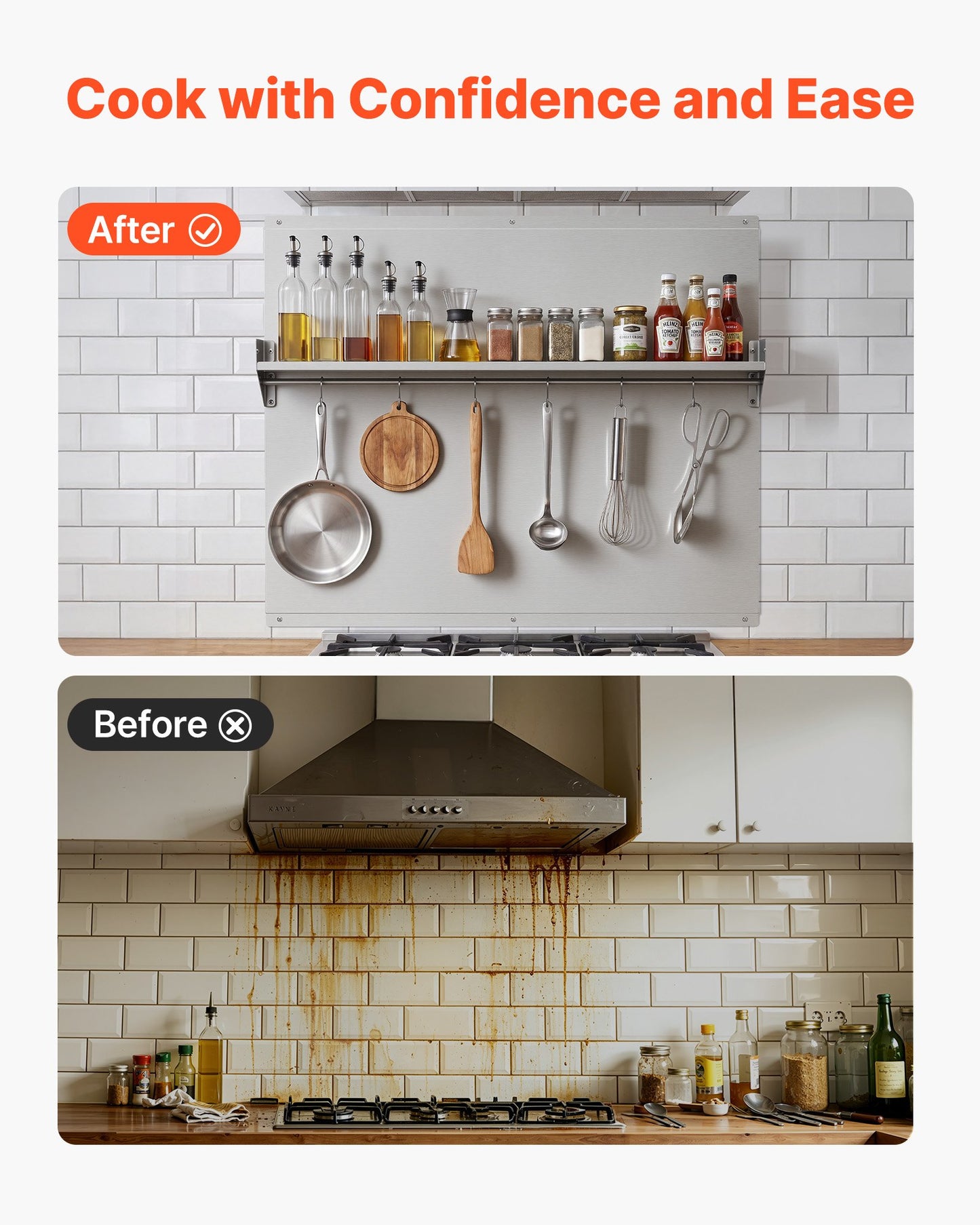 91x76 cm Stainless Steel Backsplash for Stove, Ultra Flat Splatter Guard with Storage Shelf & Hanging Rack, Wall Shield Range Hood Panel, Easy Clean, Pre-Drilled Holes for Easy Installation