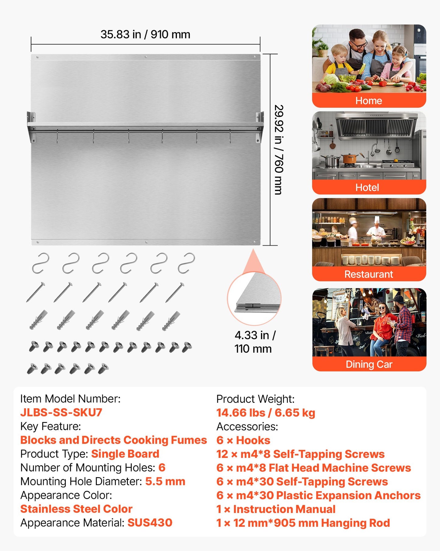 91x76 cm Stainless Steel Backsplash for Stove, Ultra Flat Splatter Guard with Storage Shelf & Hanging Rack, Wall Shield Range Hood Panel, Easy Clean, Pre-Drilled Holes for Easy Installation