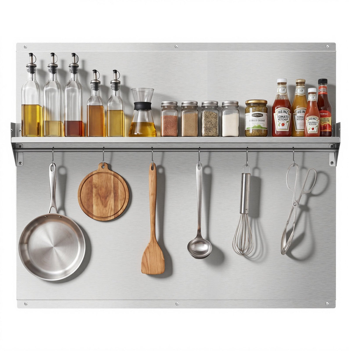 91x76 cm Stainless Steel Backsplash for Stove, Ultra Flat Splatter Guard with Storage Shelf & Hanging Rack, Wall Shield Range Hood Panel, Easy Clean, Pre-Drilled Holes for Easy Installation
