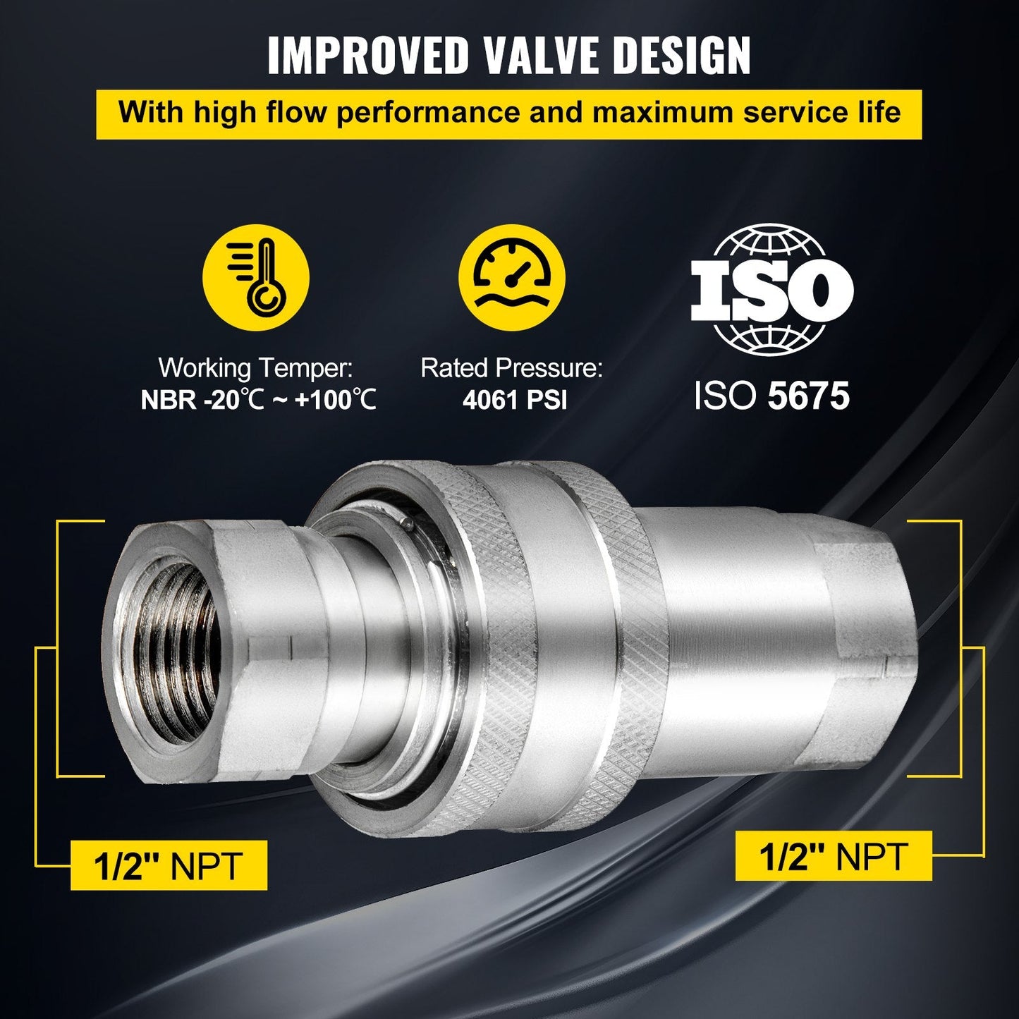 Hydraulic Quick Connect Coupler Set, 12.7mm NPT, 4061 PSI, with Dust Caps