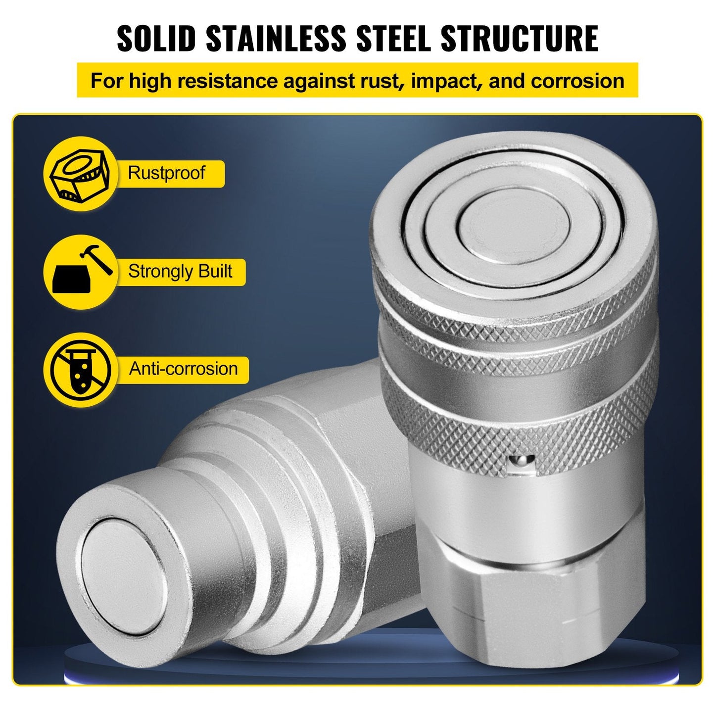 Hydraulic Quick Connect Coupler, 1/2" NPT, 27.6 MPa, 2 Pairs, Stainless Steel