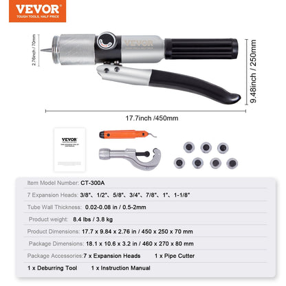 Hydraulic Tube Expander Kit, 0.95-2.85 cm OD, with 7 Heads and Pipe Cutter