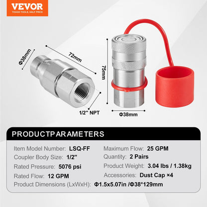 Flat Face Hydraulic Couplers Set with Dust Caps, 1/2 NPT, Steel, ISO16028