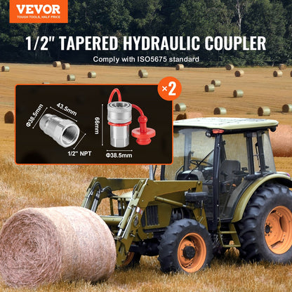 VEVOR 1/2" Tapered Hydraulic Couplers 1/2" NPT Skid Steer Couplers 4 Dust Caps