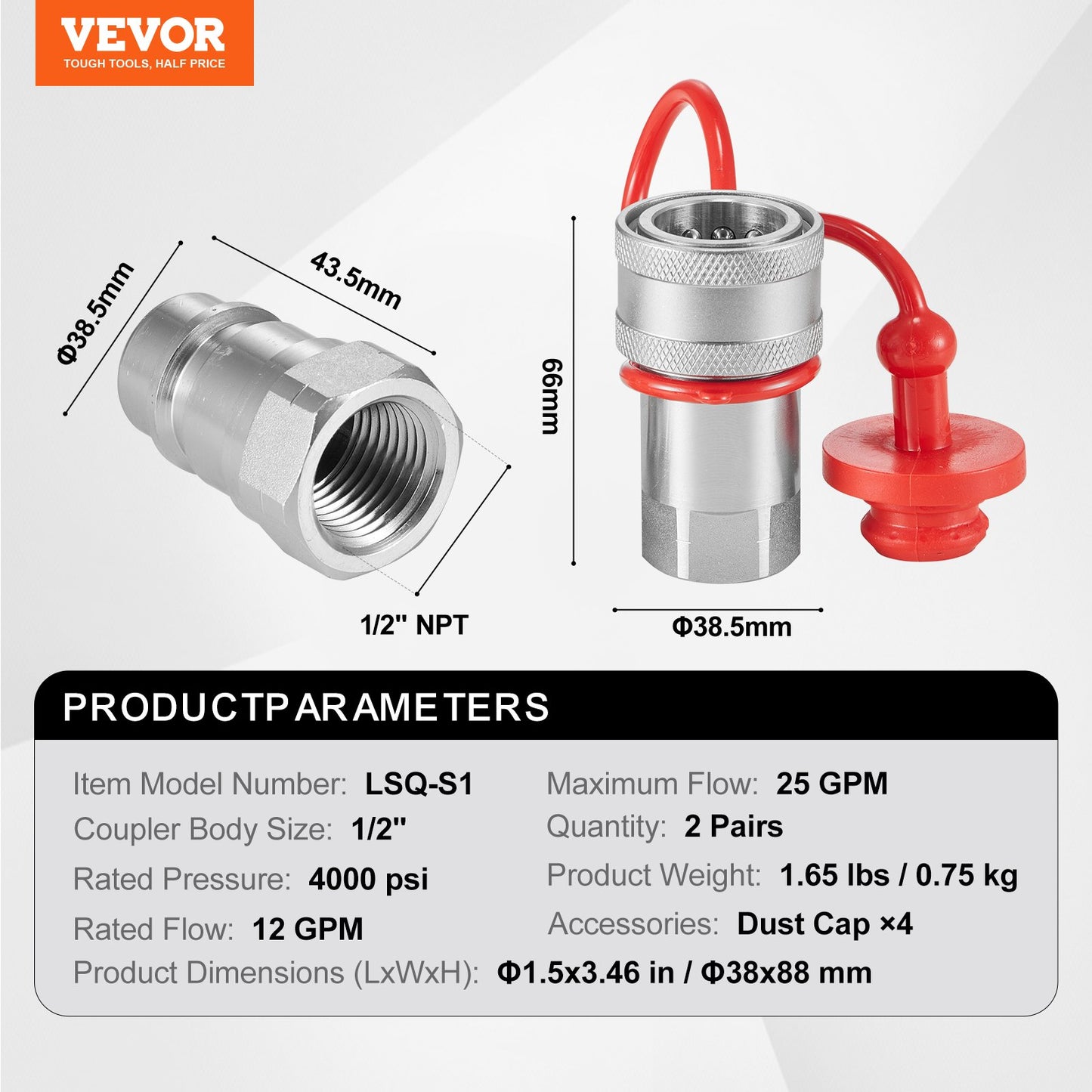 VEVOR 1/2" Tapered Hydraulic Couplers 1/2" NPT Skid Steer Couplers 4 Dust Caps
