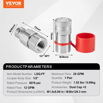 1/2" NPT Hydraulic Couplers with Dust Caps, ISO16028 Standard, Steel, White