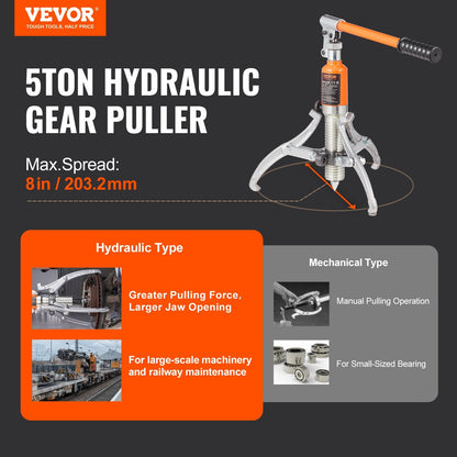 Hydraulic Gear Puller 5 Ton, 2 or 3-Jaw, with Case, 6.8 kg, 0.05 m Stroke