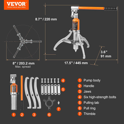 Hydraulic Gear Puller 5 Ton, 2 or 3-Jaw, with Case, 6.8 kg, 0.05 m Stroke