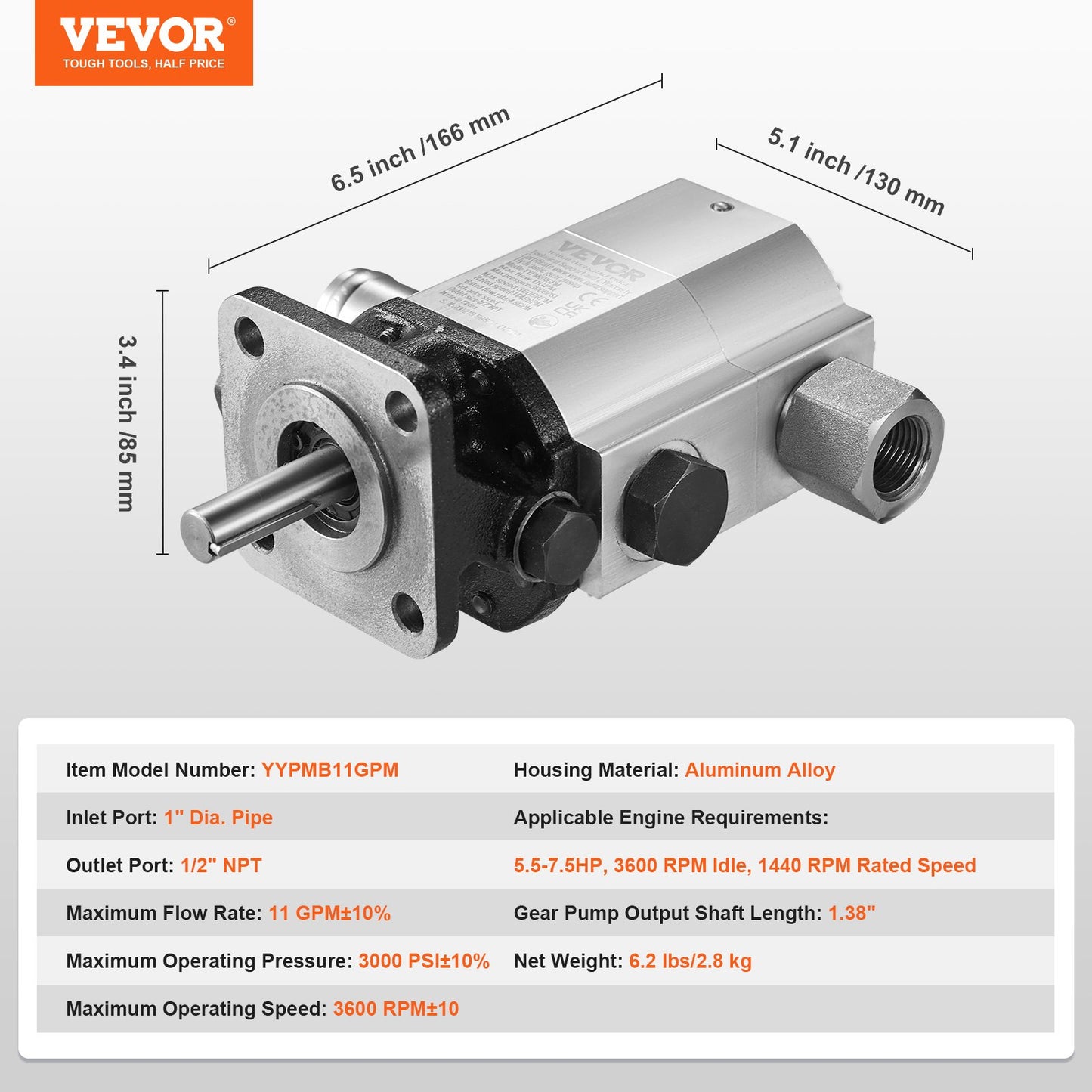 VEVOR Hydraulic Log Splitter Pump, 11GPM, 2 Stage 3000PSI Wood Log Splitter Pump,