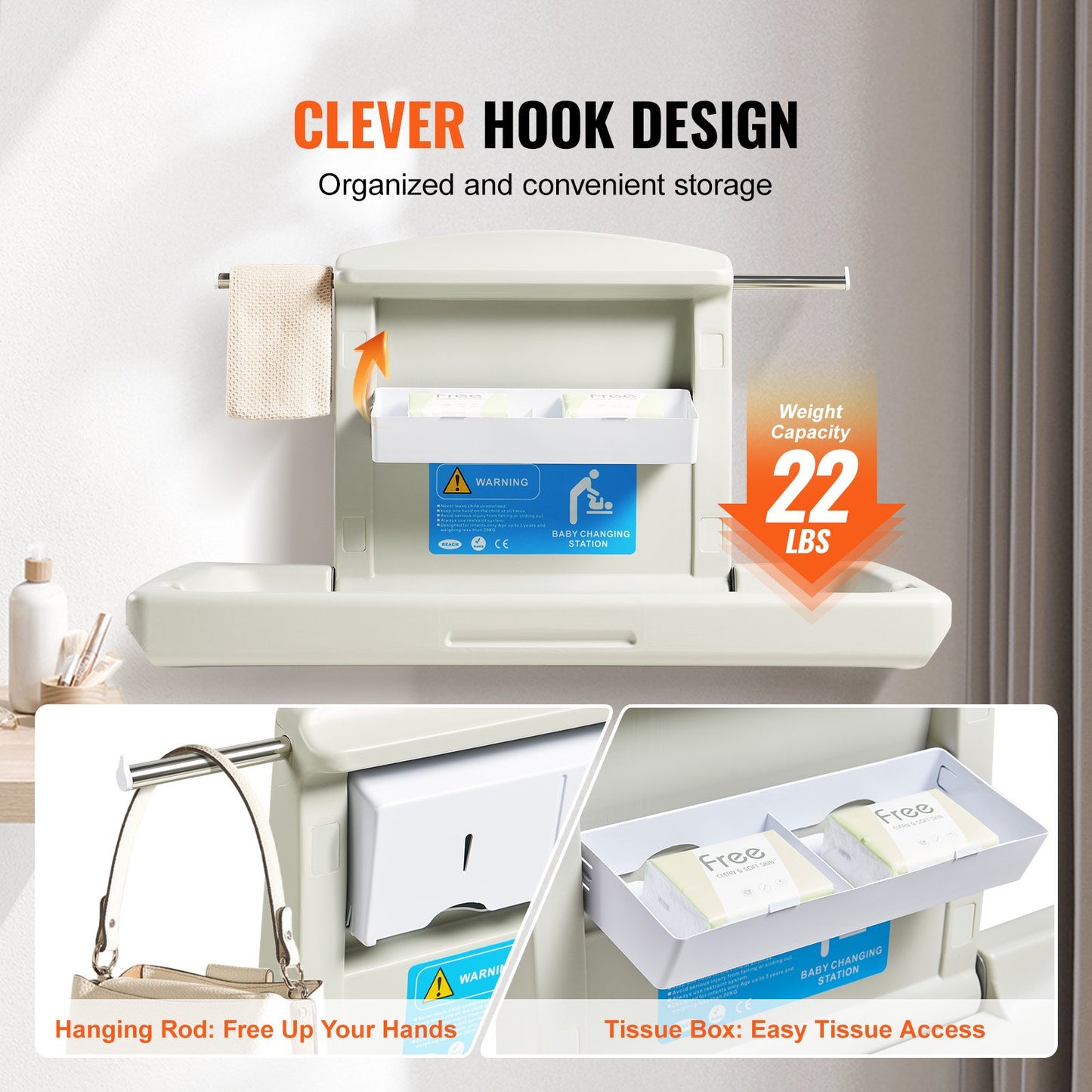 VEVOR Wall-Mounted Baby Changing Station, Horizontal Foldable Diaper Change Table